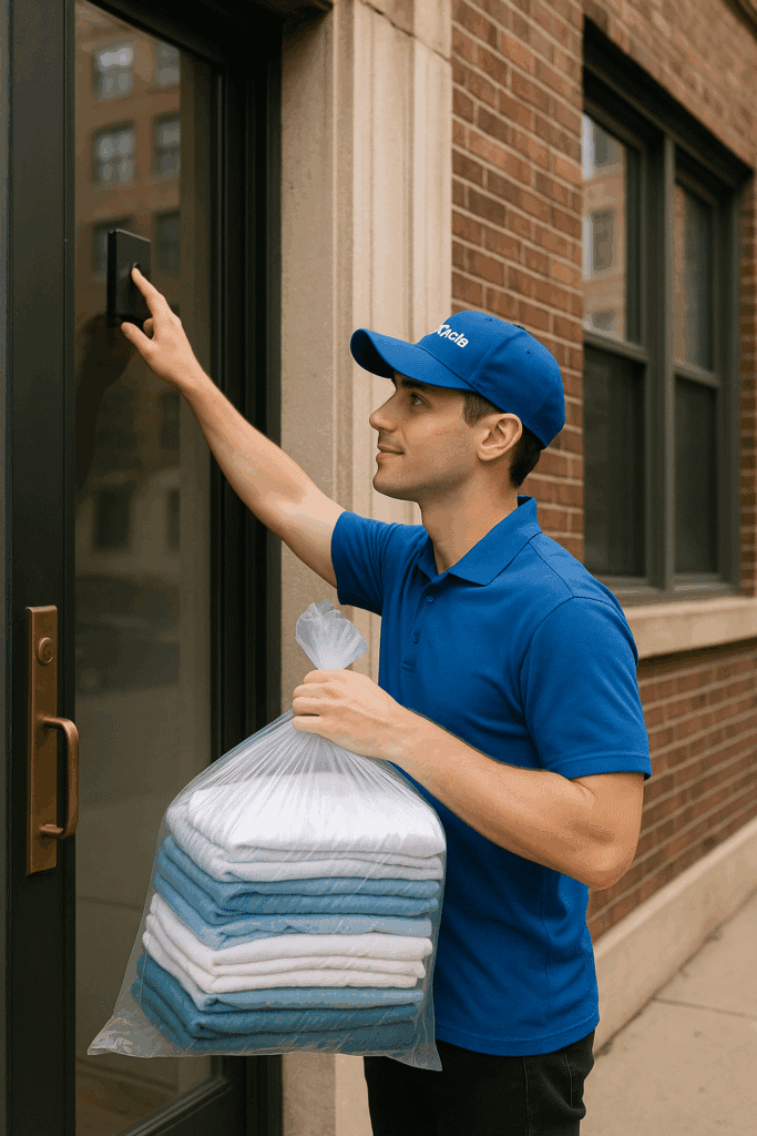 Spincycle Laundry driver carrying a bag of clean laundry to a Chicago apartment