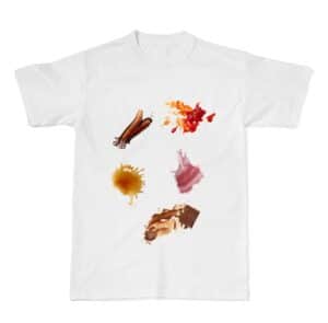 Various common stain sources (coffee, wine, sweat, makeup) next to a white shirt