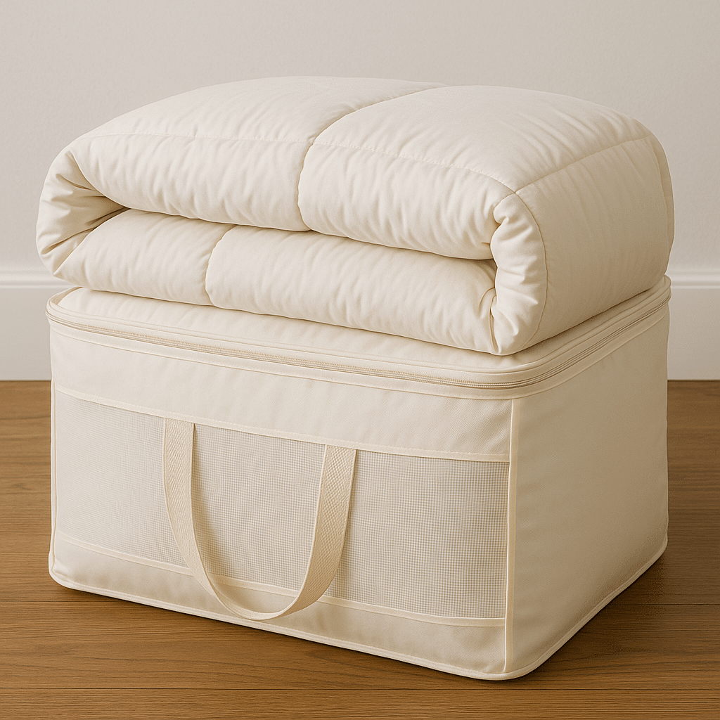 Folded comforter in linen bag