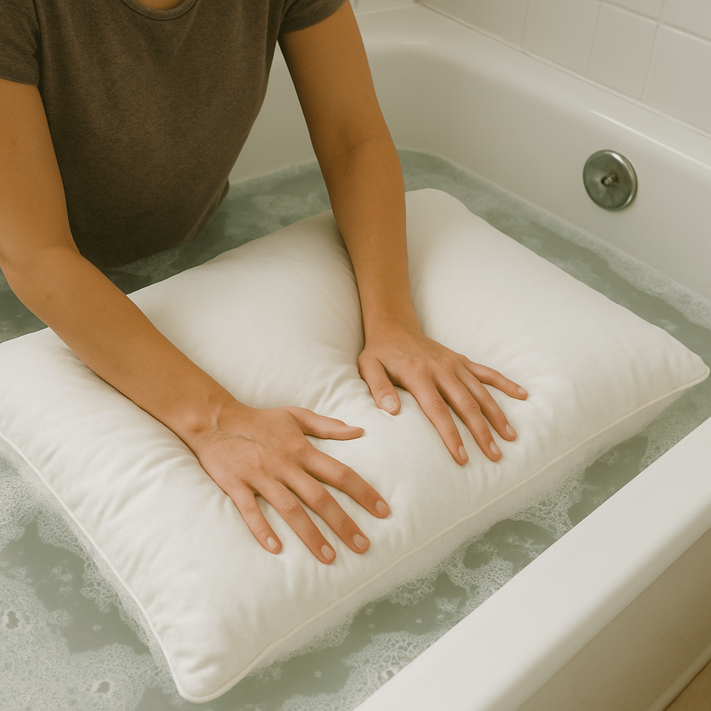 Hand washing pillow in bathtub