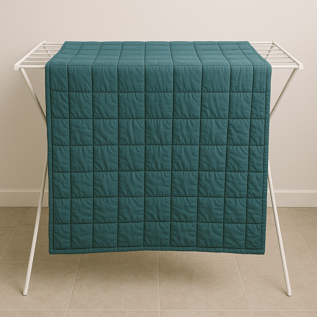 Weighted blanket air drying on a rack