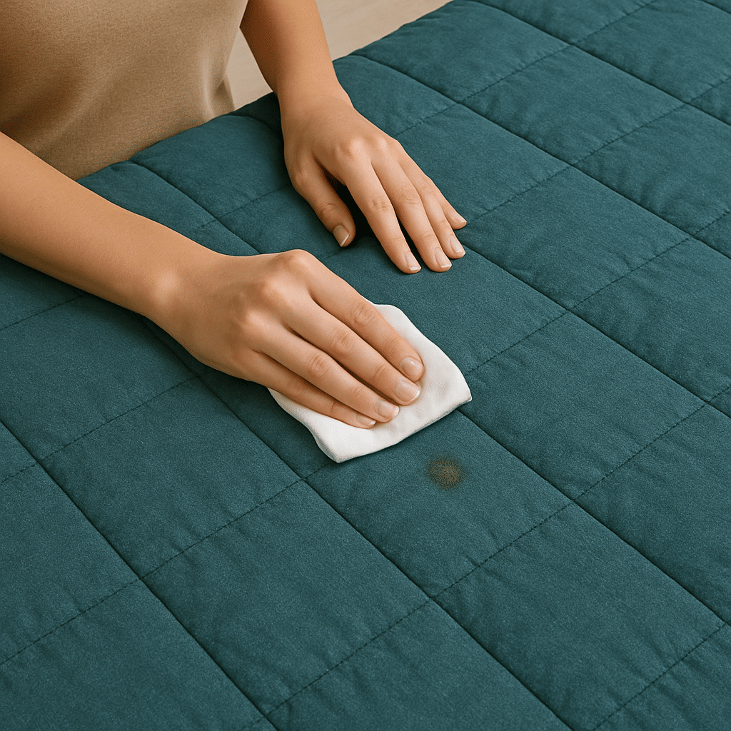 Woman cleaning stain from weighted blanket