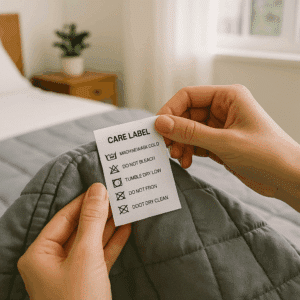 Woman looking at care instructions on a weighted blanket