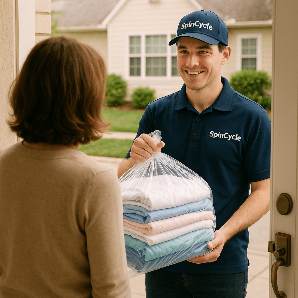 A Spincycle driver carrying a customer's clean laundry for delivery