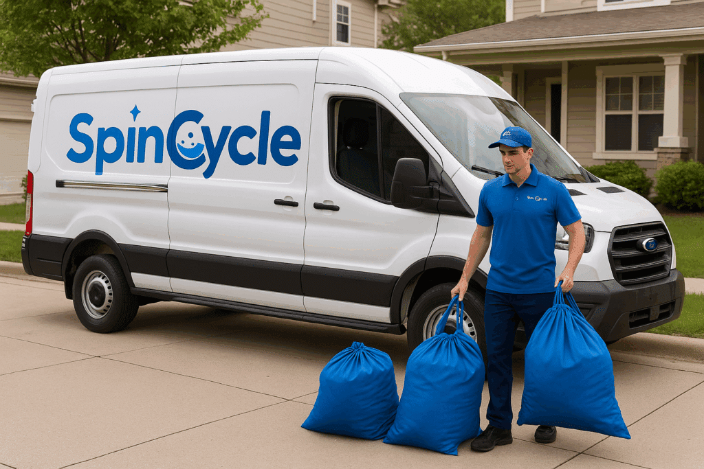 Spincycle driver picking up bags of laundry from a customer's home