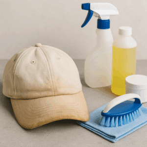 Baseball cap with stains and cleaning supplies