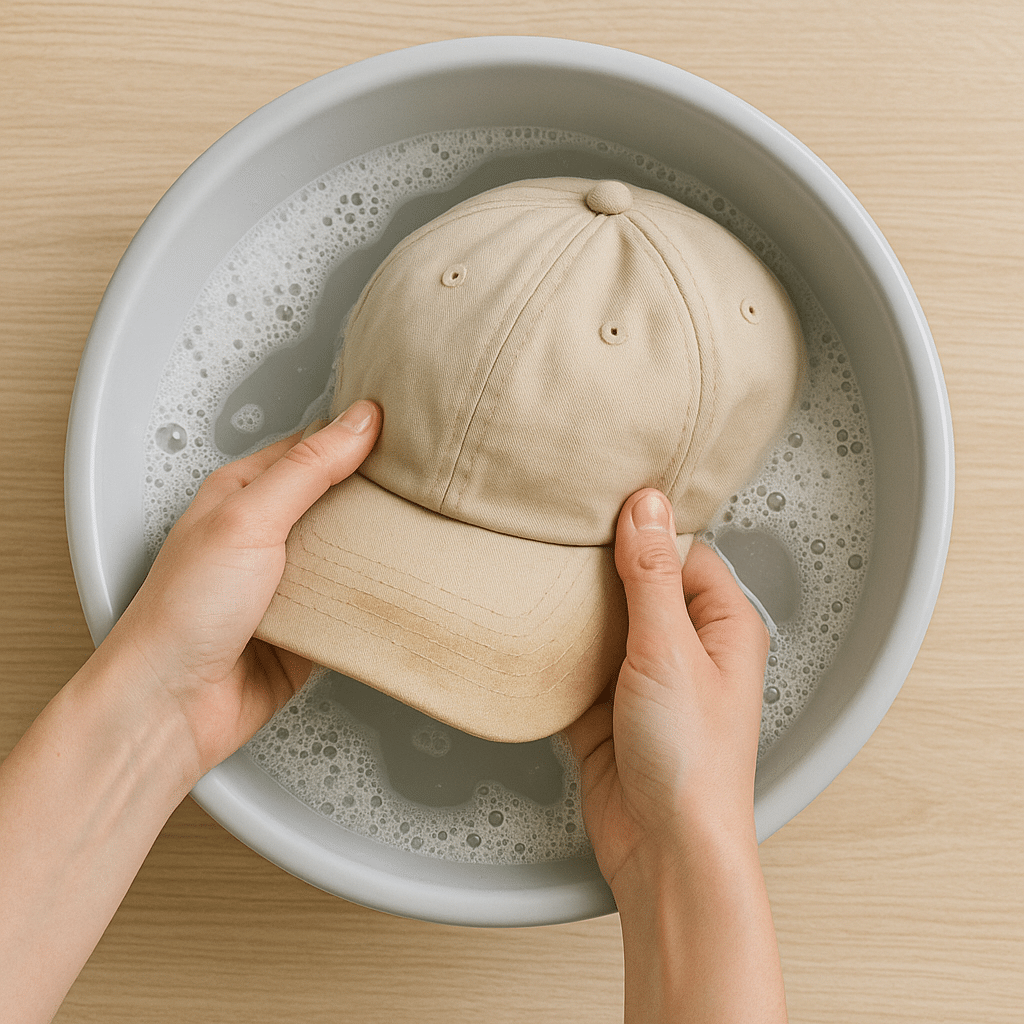 Hand washing baseball cap in a basin of soapy water