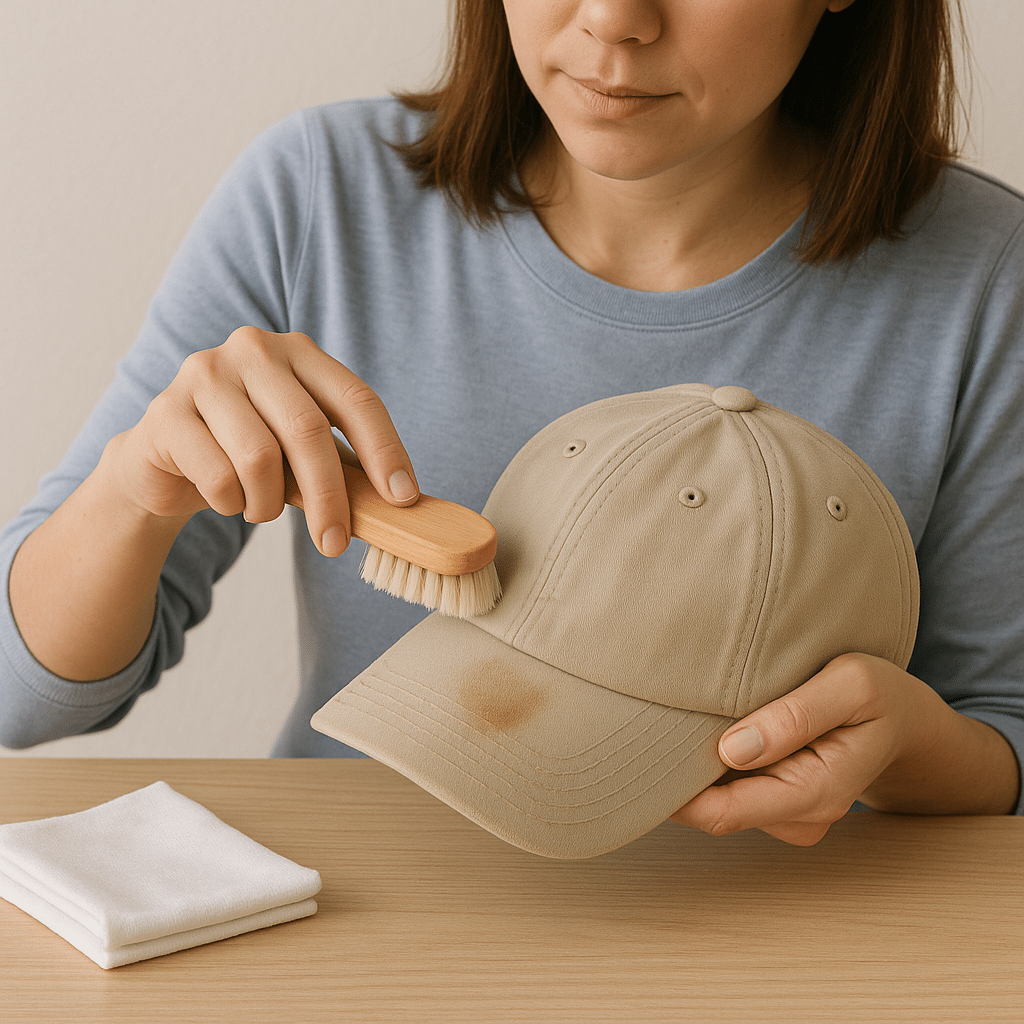 Woman scrubbing stains off baseball cap with soft brush