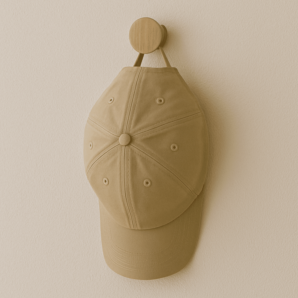 Clean baseball cap hanging on a hook