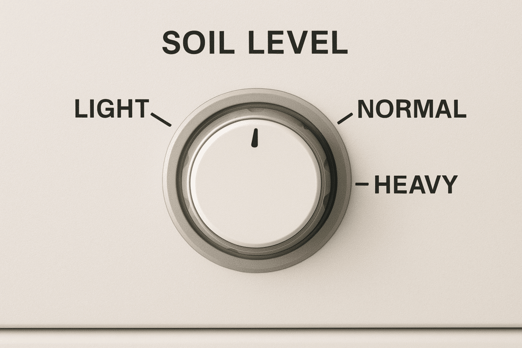 Close-up of a washing machine control panel with a soil level knob showing Light, Normal, and Heavy options