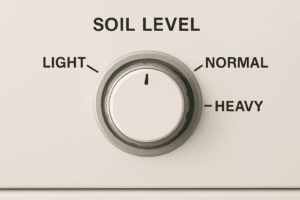 Close-up of a washing machine control panel with a soil level knob showing Light, Normal, and Heavy options