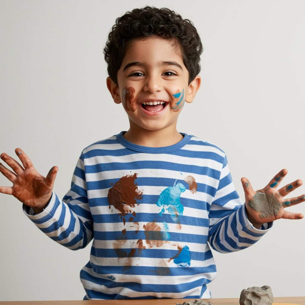 Running water over a fresh paint stain on a shirt to rinse it out