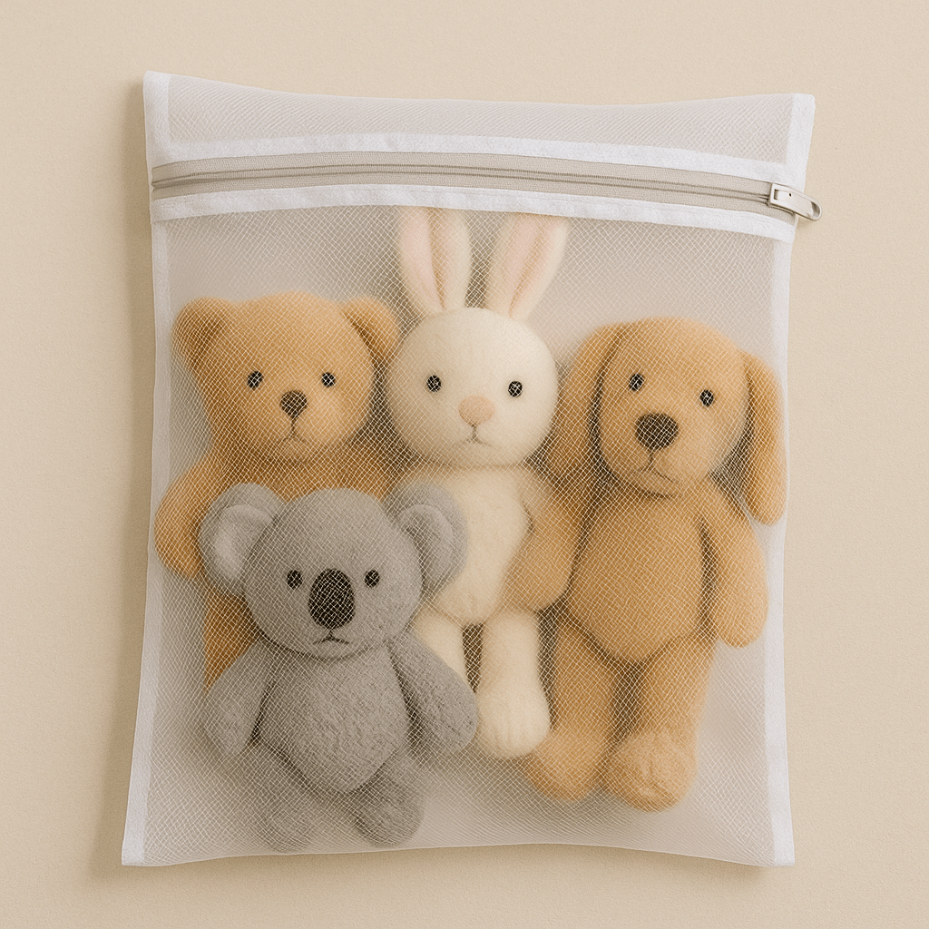 Stuffed animals in a mesh laundry bag ready for machine washing
