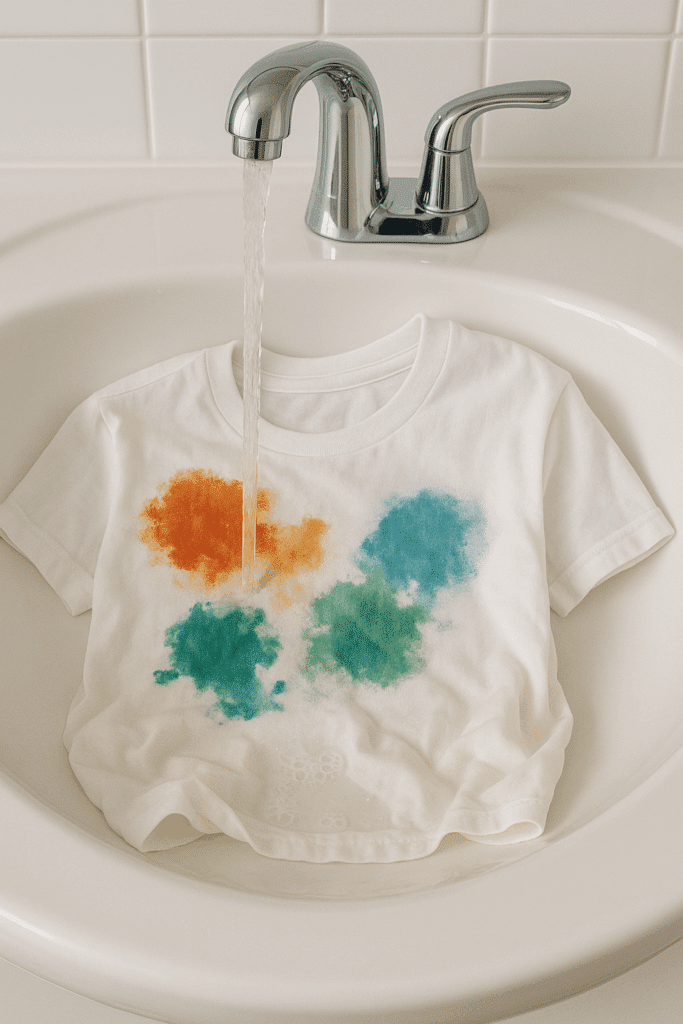 Using a dull knife to scrape dried paint off a shirt before treating the stain