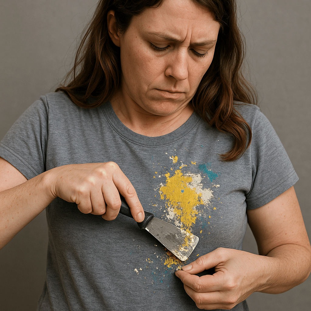 Dabbing an oil-based paint stain on a shirt with a cloth soaked in paint thinner