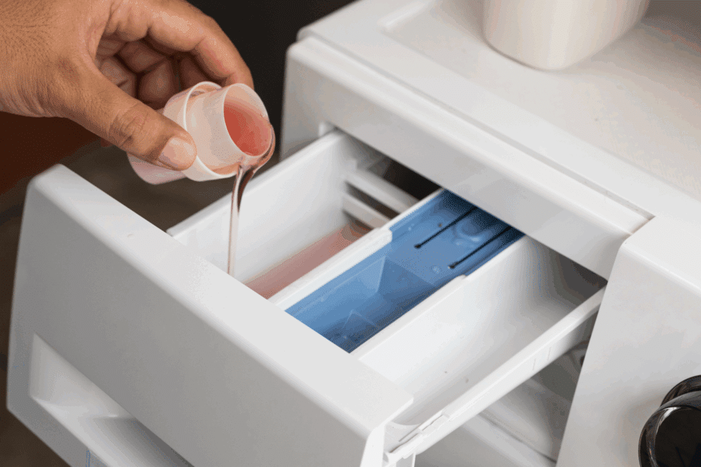 Person carefully pouring a small amount of liquid laundry detergent into the washer dispenser