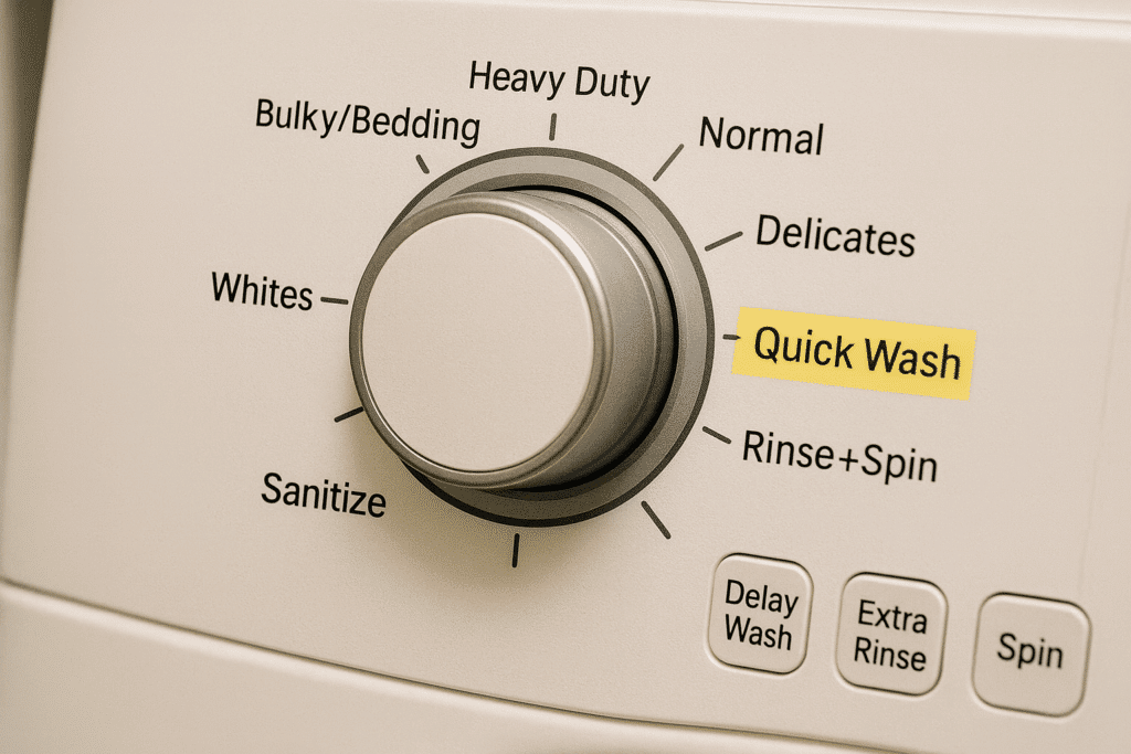 Washing machine digital display showing a short 20-minute cycle selected