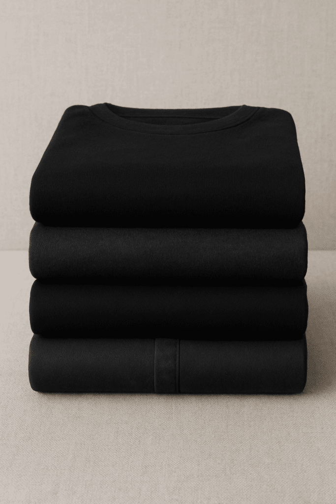 A stack of freshly dried and folded dark clothes with vibrant colors, no fading or wrinkles