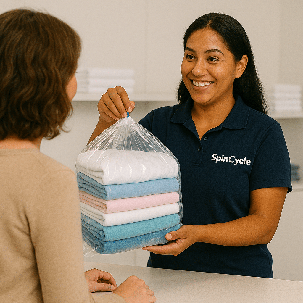 An attendant carrying a large bag of laundry in a commercial laundromat facility