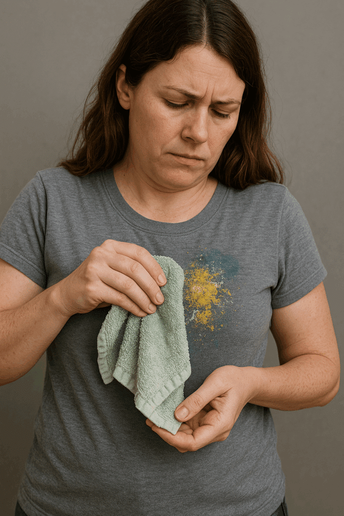 Close-up of a paint splatter stain on the leg of a pair of denim jeans
