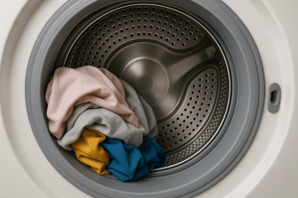 Opened washing machine with an unbalanced load of laundry inside, requiring adjustment to resume spinning