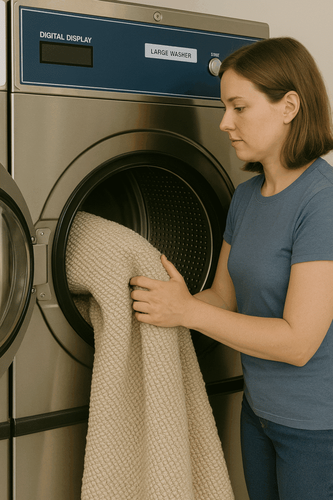 A customer using a commercial washing machine at a laundromat to wash a large rug