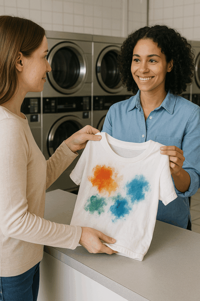  A customer handing a paint-stained shirt to a laundry service professional for cleaning