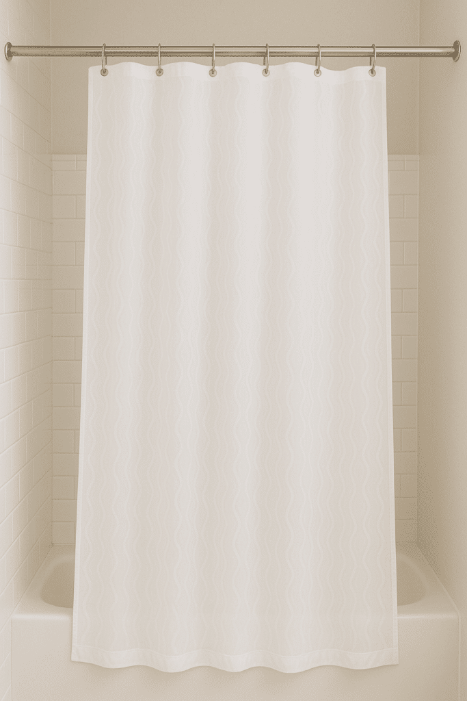 clean white shower curtain hanging in a bathroom after being washed