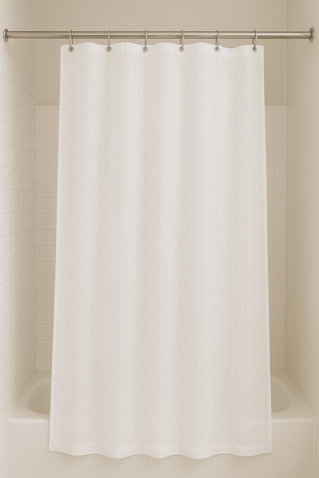 clean white shower curtain hanging in a bathroom after being washed