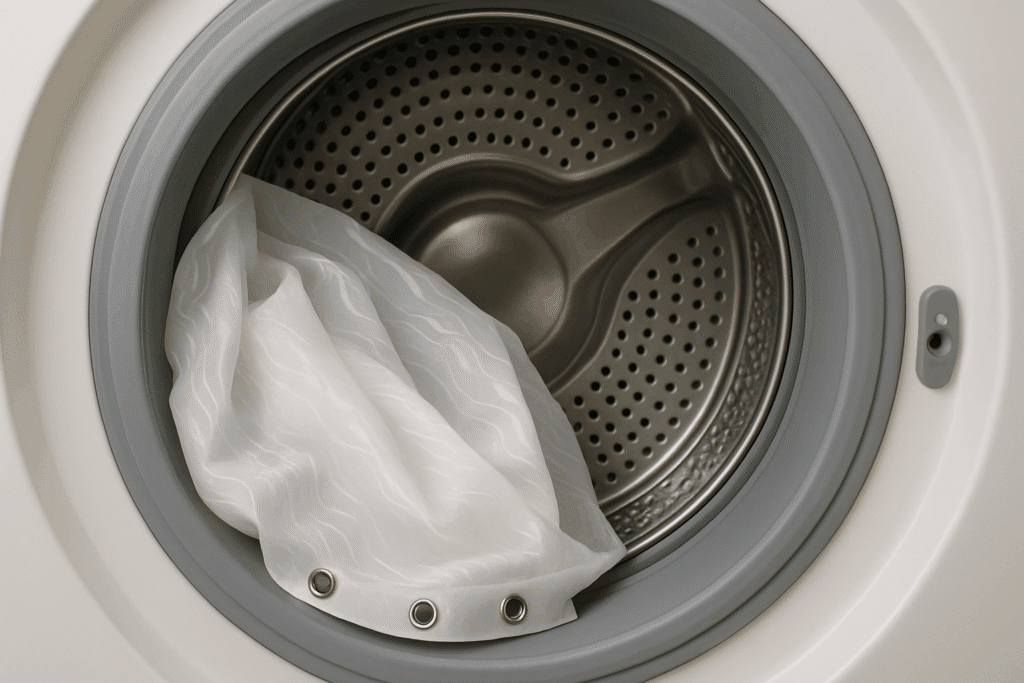person putting a plastic shower curtain into a washing machine