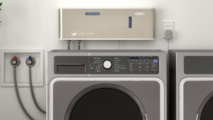 Close-up of an ozone laundry system device attached to a washing machine