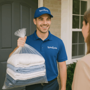 Uniformed driver picking up a laundry bag from a front doorstep