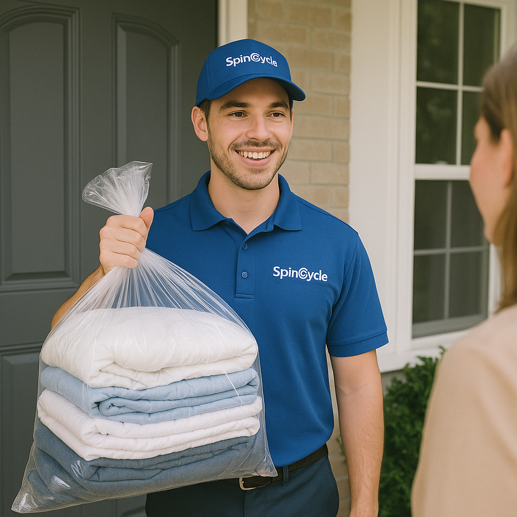 Uniformed driver picking up a laundry bag from a front doorstep