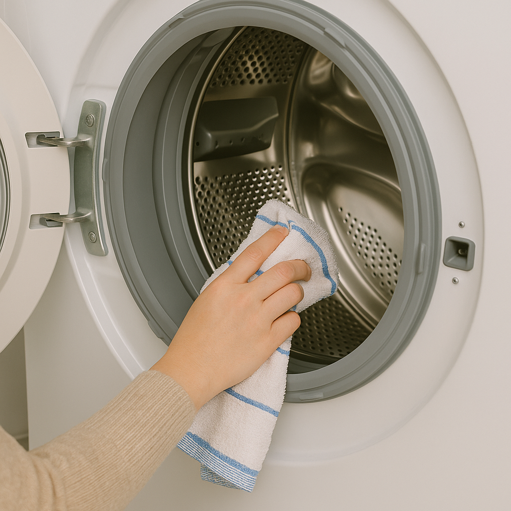 Cleaning a top-load washing machine - a person scrubbing the washer drum and agitator with a brush and cleaning solution