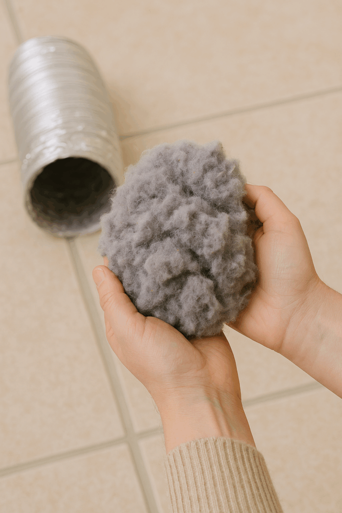 Hand holding a large bundle of lint removed from a dryer vent during cleaning