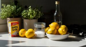 Baking soda vinegar and lemons on a kitchen counter