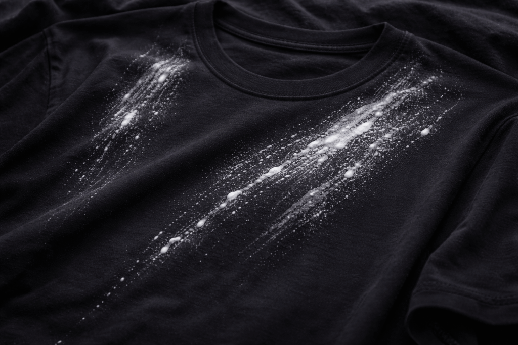 Chalky detergent streaks on a black shirt