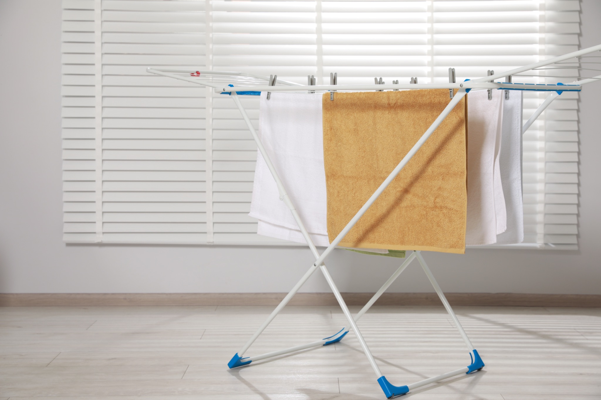 Clothes drying on an indoor drying rack