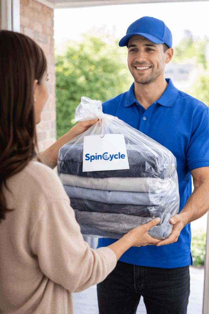 Laundry delivery worker handing folded clothes to a custome