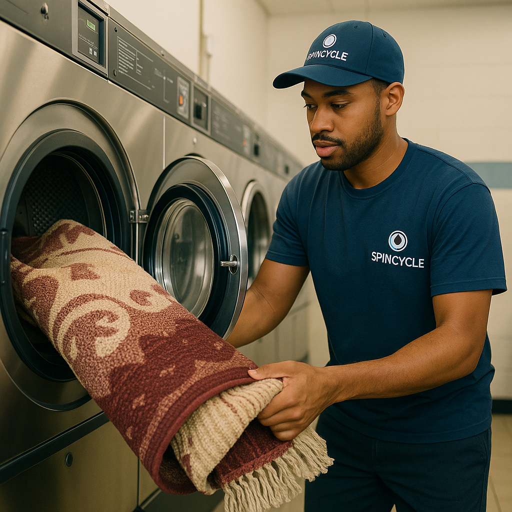 Laundry worker loading a rug into a commercial washer