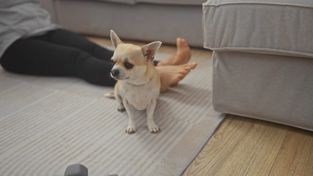 Small dog sitting on a washable area rug