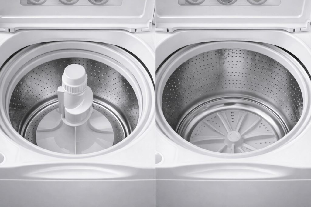 Top-loading washing machines showing an agitator washer on the left and an impeller washer on the right