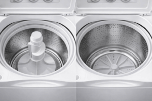 Top-loading washing machines showing an agitator washer on the left and an impeller washer on the right