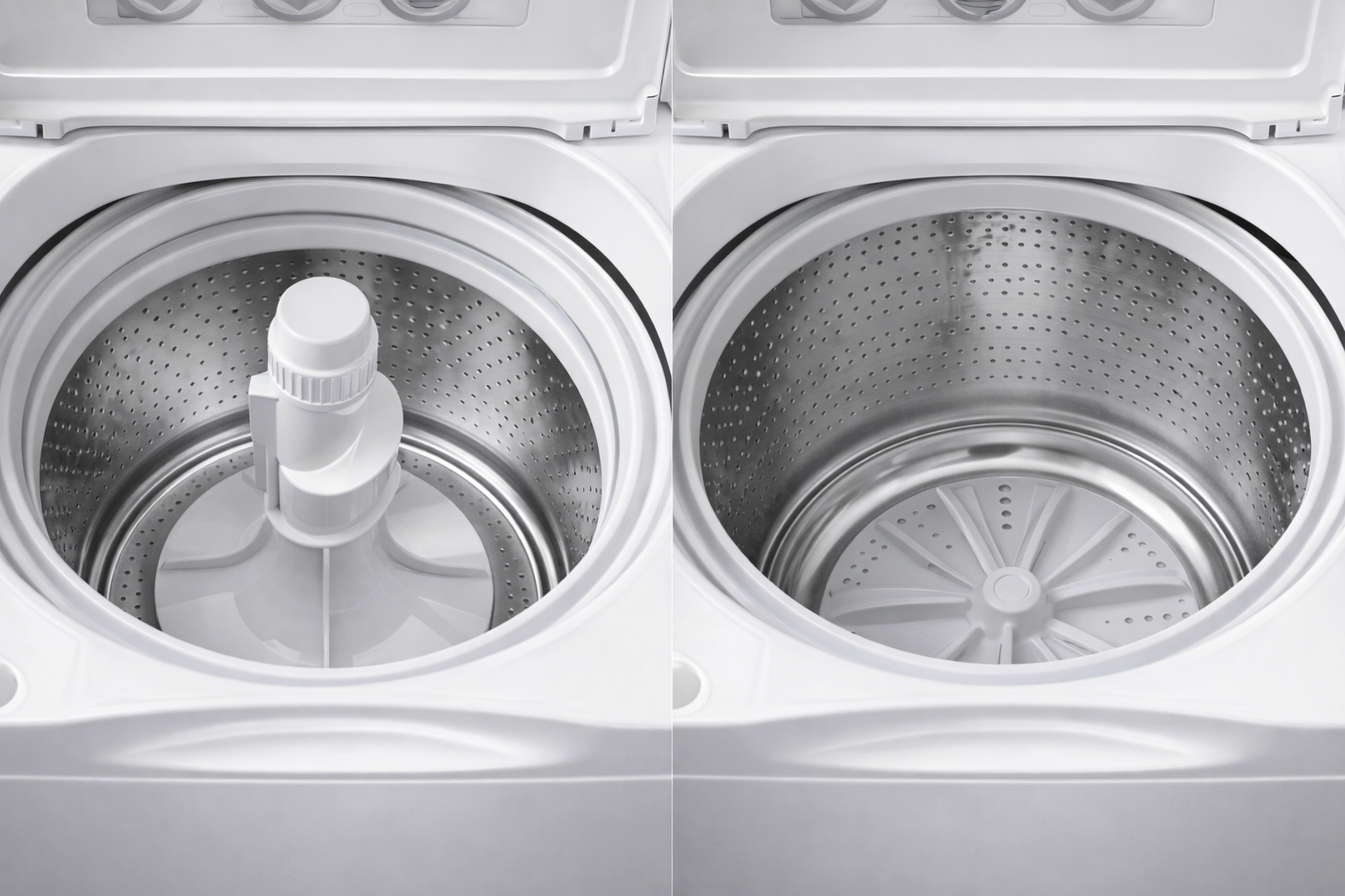 Top-loading washing machines showing an agitator washer on the left and an impeller washer on the right
