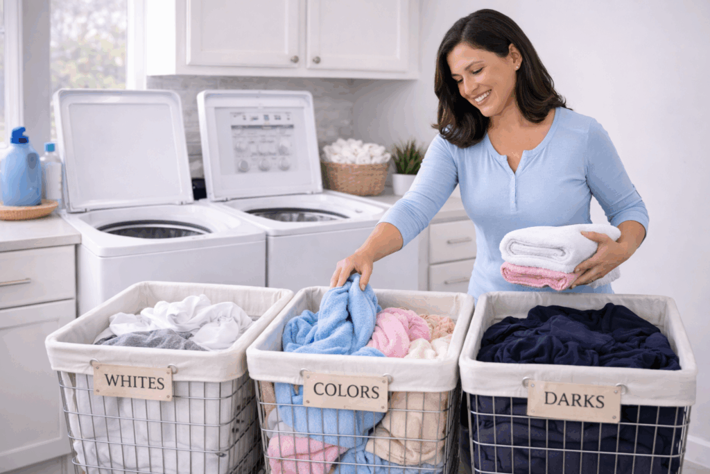 Laundromat employee loading laundry into a large commercial front-load washer