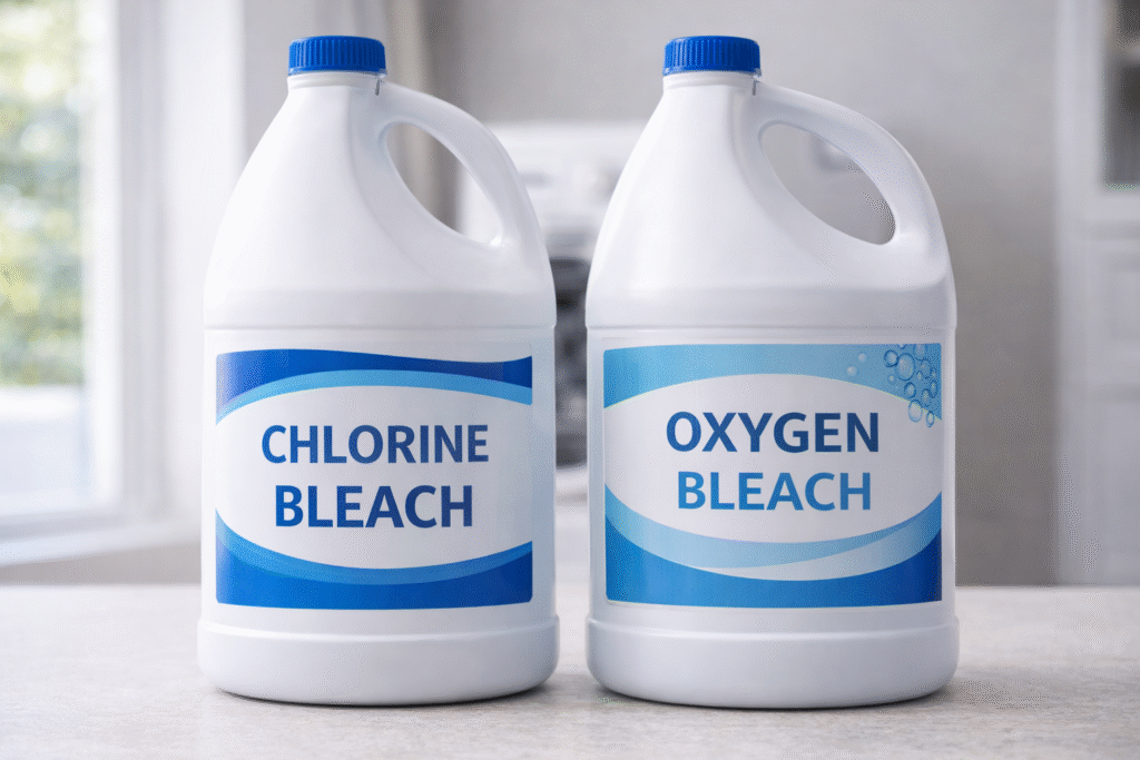Chlorine bleach and oxygen bleach bottles side by side