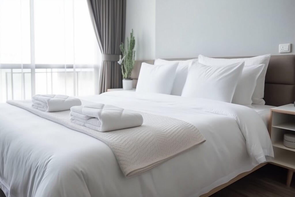 Hotel bed with white sheets towels and pillows neatly arranged