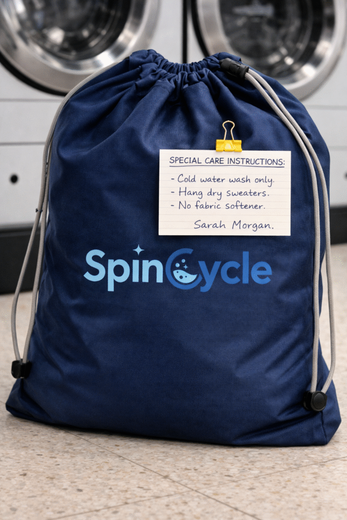 Laundry bag with a note showing special care instructions
