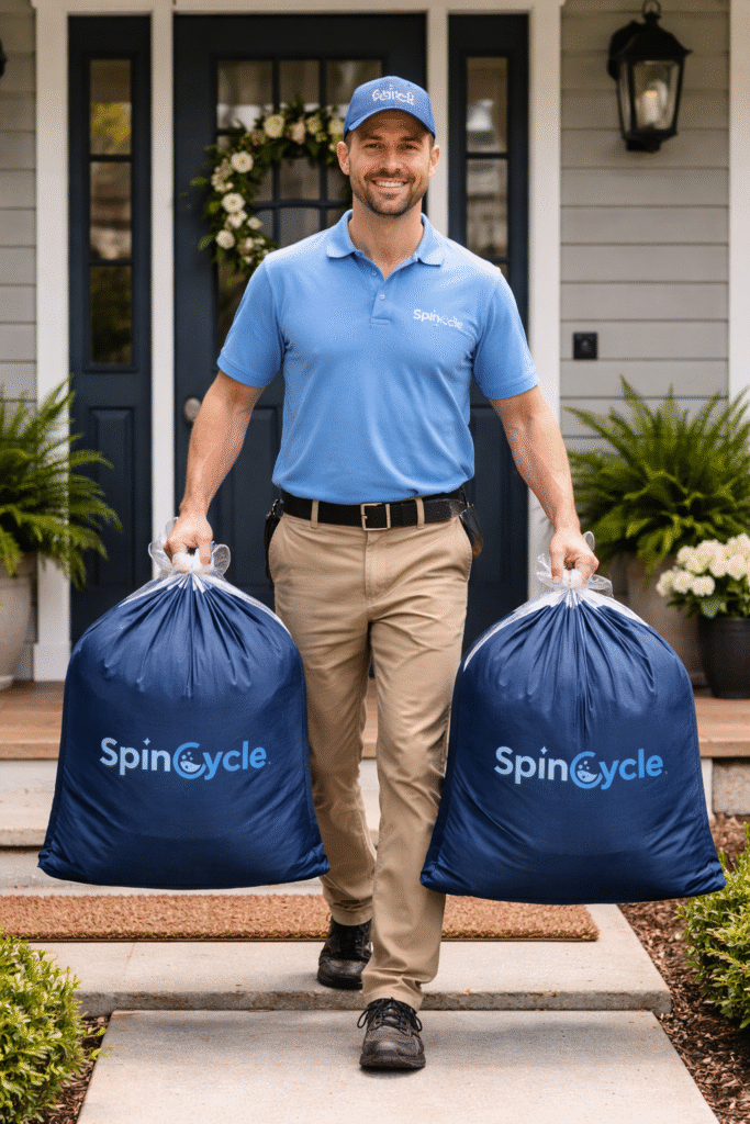 Laundry pickup driver carrying two laundry bags from a front porch