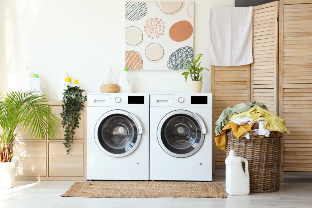 Modern washer and dryer set in a bright laundry room